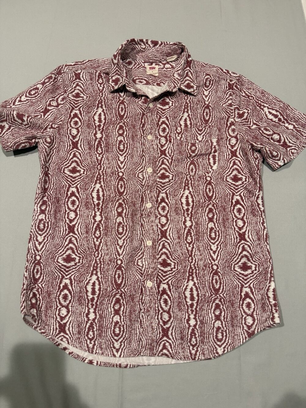 Levi's Button Up Shirt Men's M Red White Geometric Short Sleeve Cotton Pockets